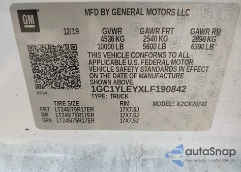 2020 Chevrolet Silverado 2500Hd 4Wd Standard Bed Wt z USA, uszkodzony, nr VIN 1GC1YLEYXLF190842